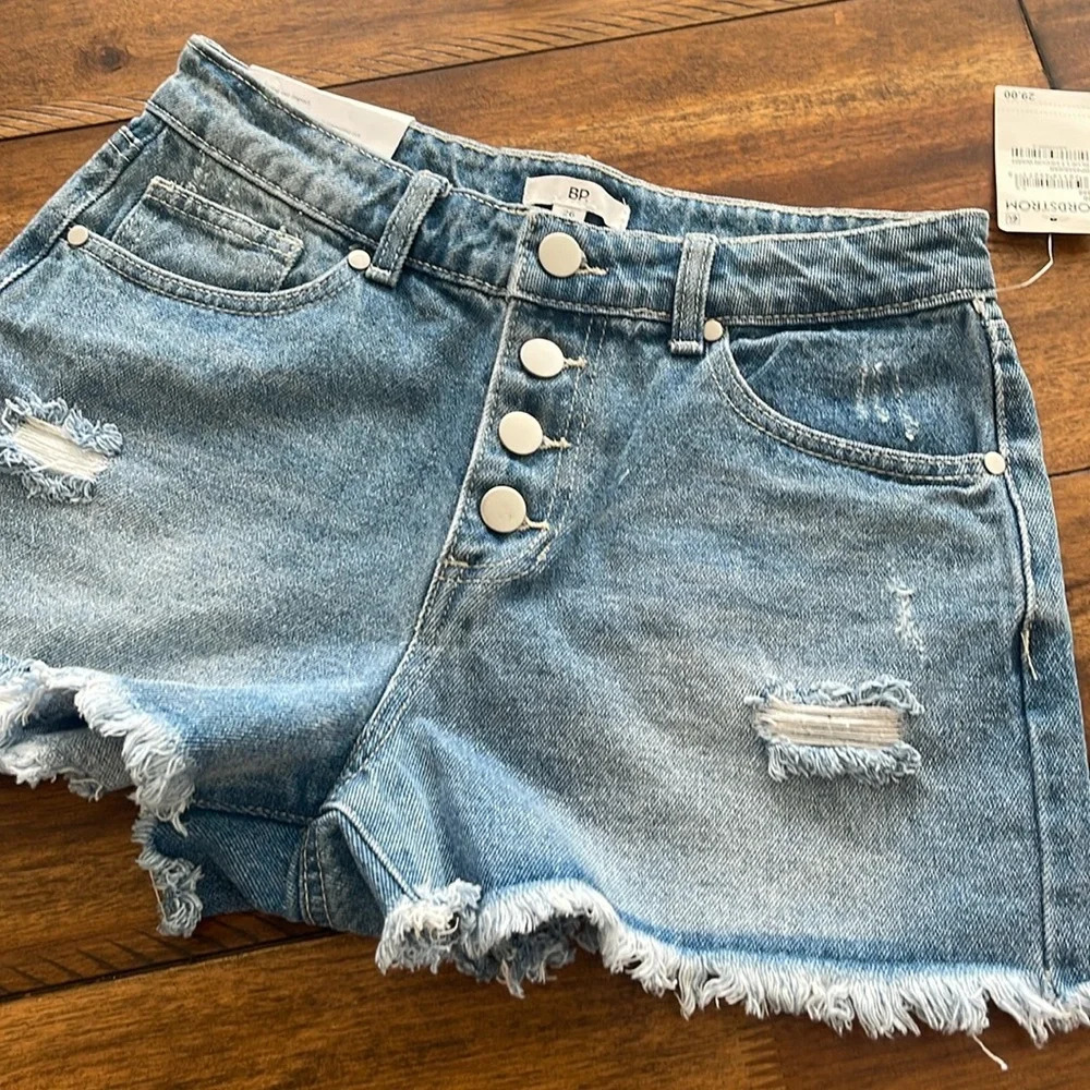 NWT BP Shorts Blue Denim High Rise Distressed Raw Fringe Hem Size 26 Button Fly - Picture 8 of 11
